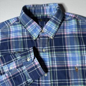 Ralph Lauren Mens XL Madras Plaid Long Sleeve Button Down Flesh Pony Blue Purple